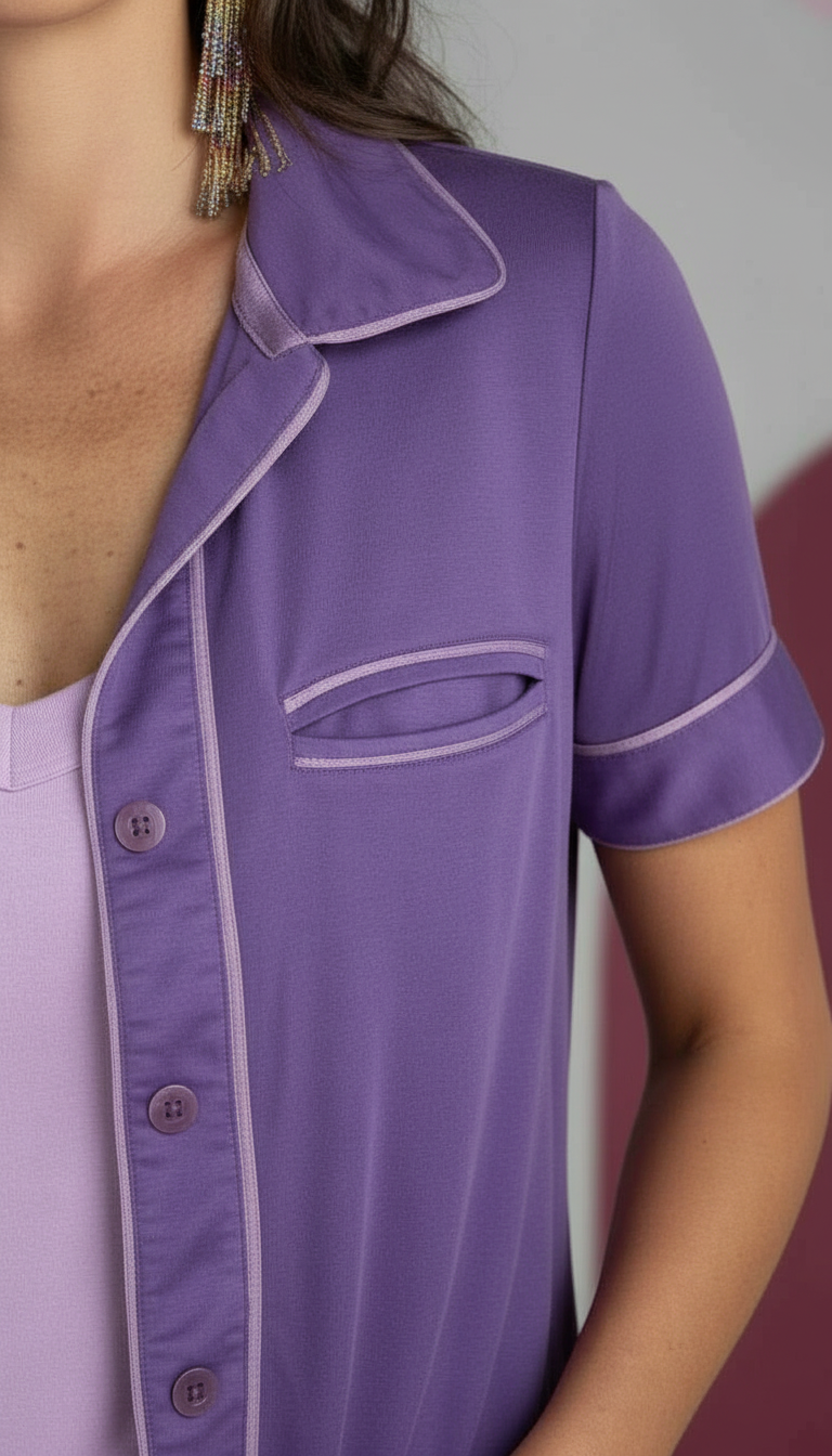 Pajama Styled Short Sleeve Blouse