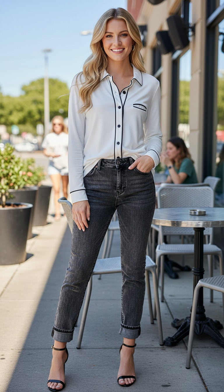 Pajama Styled Long Sleeve Blouse