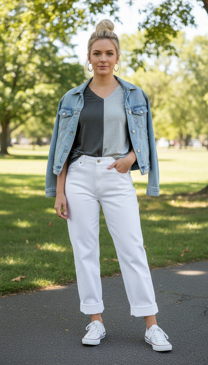 Color Split Short Sleeve V-Neck