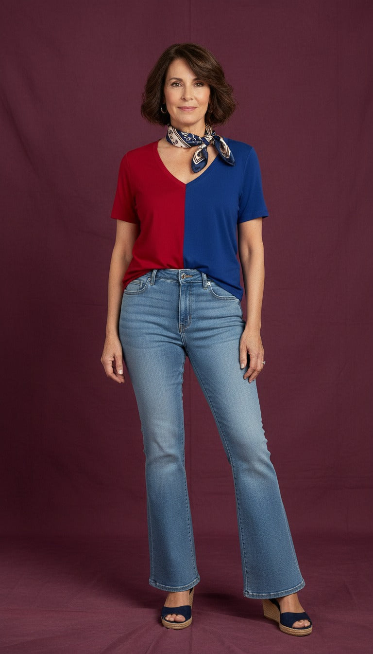 Color Split Short Sleeve V-Neck