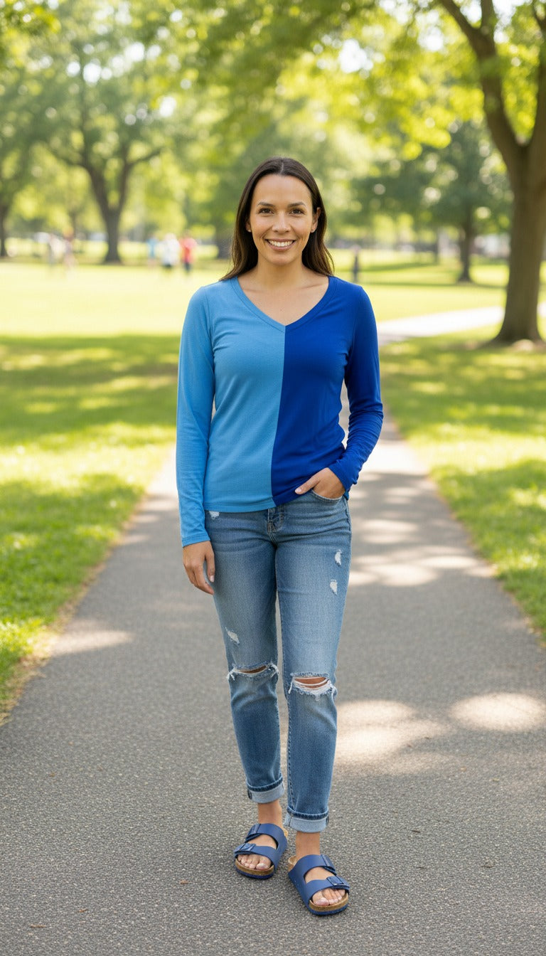 Color Split Long Sleeve V-Neck