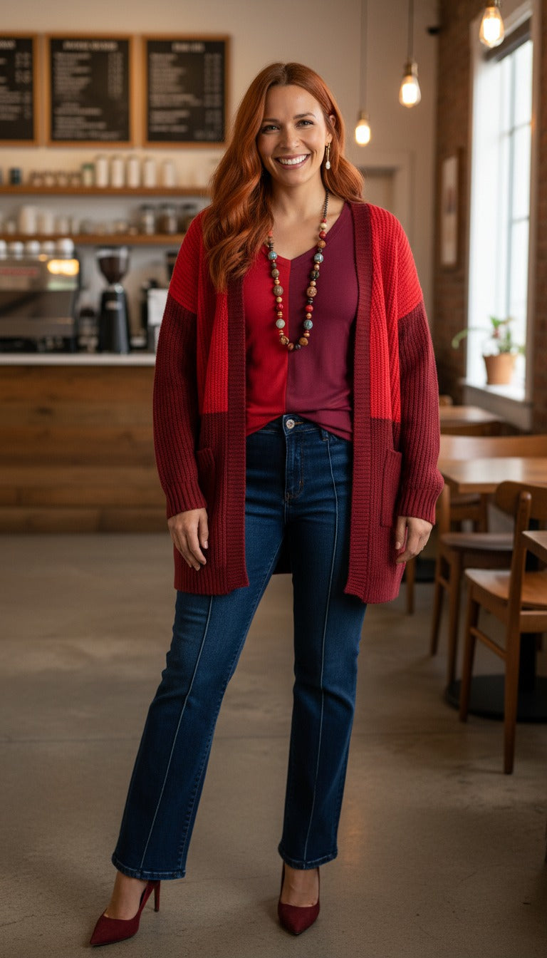 Color Split Long Sleeve V-Neck