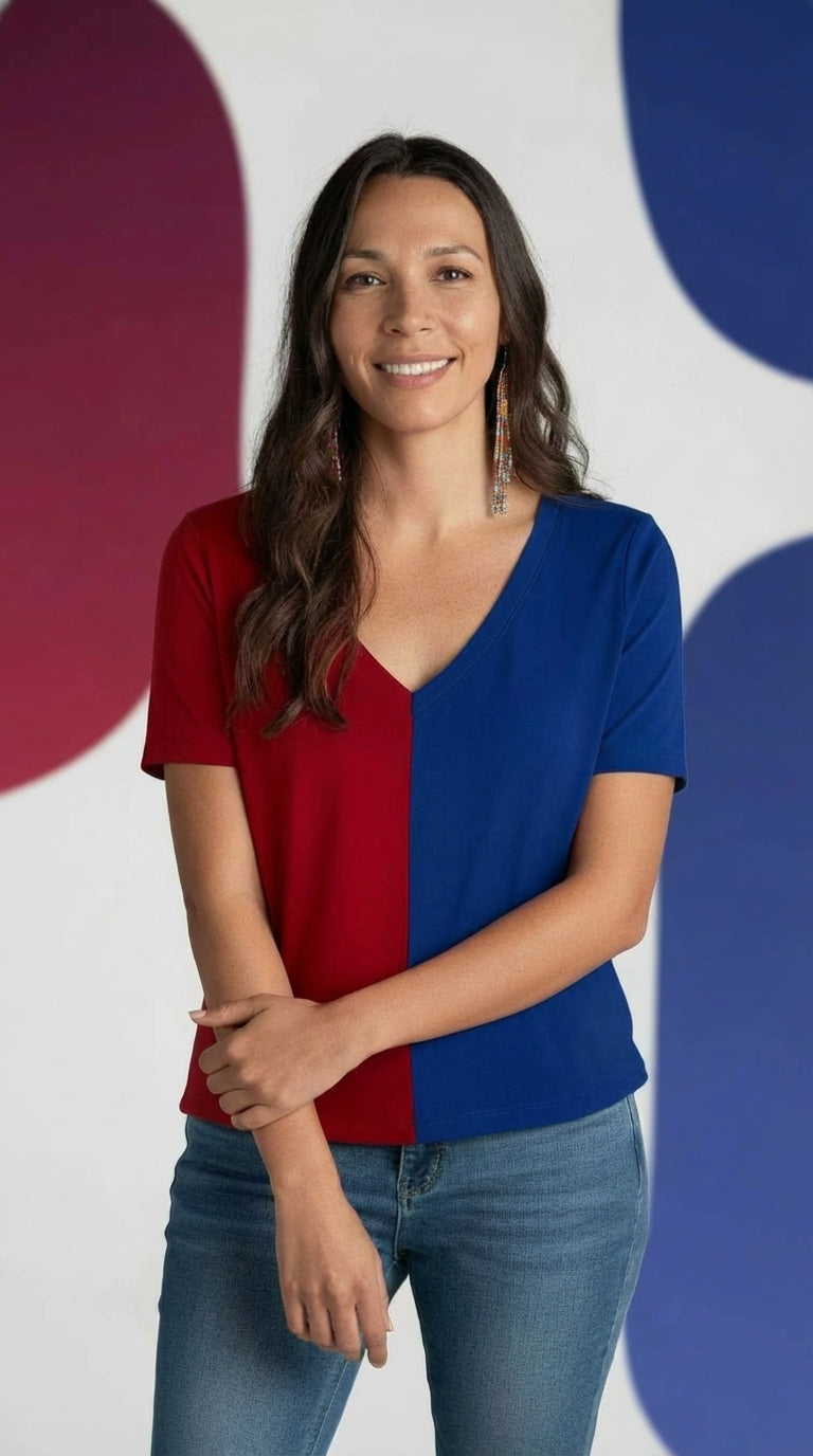 Color Split Short Sleeve V-Neck