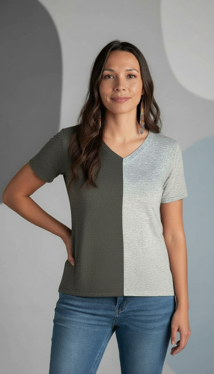 Color Split Short Sleeve V-Neck