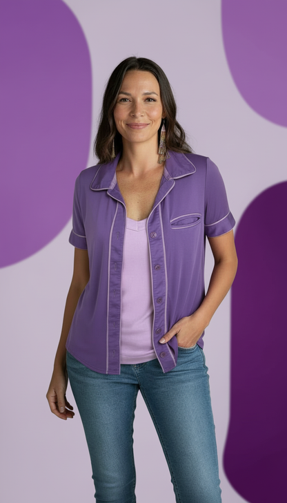 Pajama Styled Short Sleeve Blouse