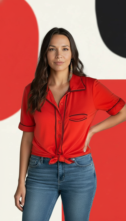 Pajama Styled Short Sleeve Blouse