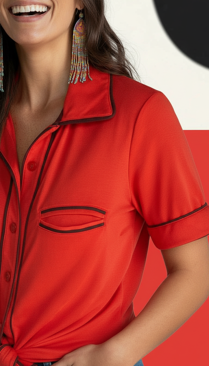 Pajama Styled Short Sleeve Blouse