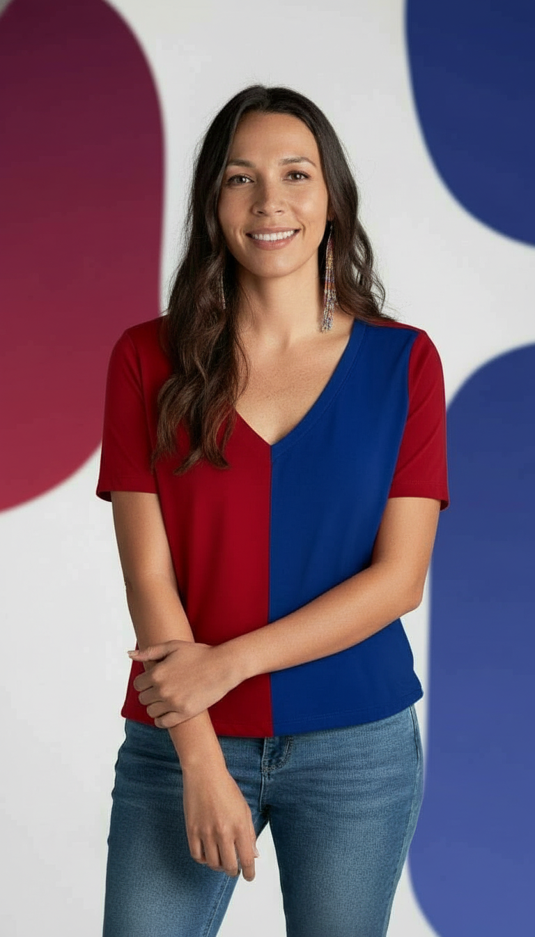 Color Split Short Sleeve V-Neck