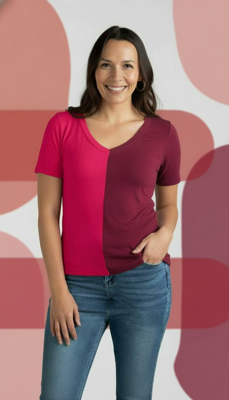 Color Split Short Sleeve V-Neck