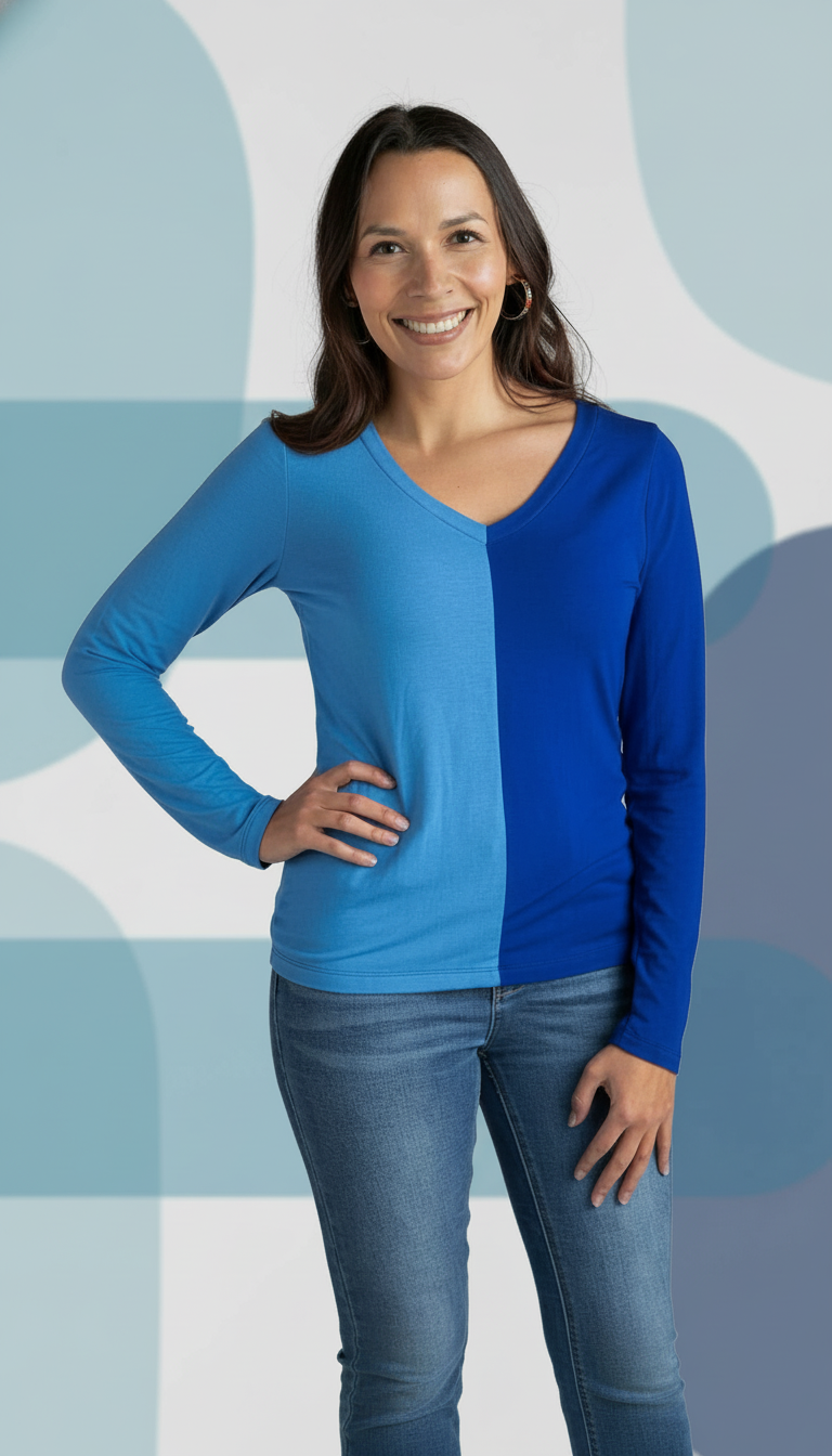 Color Split Long Sleeve V-Neck