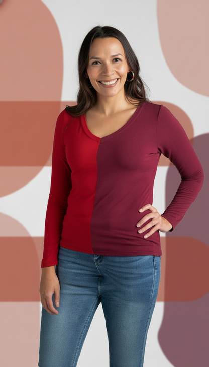 Color Split Long Sleeve V-Neck